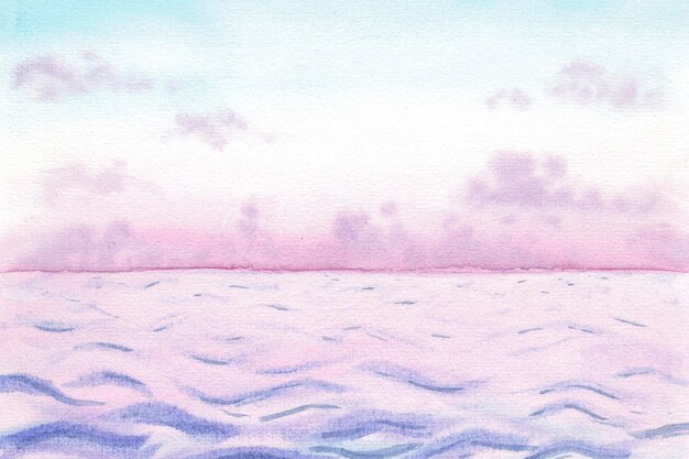 Akwarela ilustracja morza Stockowa ilustracja ręcznie rysowane Różowy zachód słońca na niebie na tle