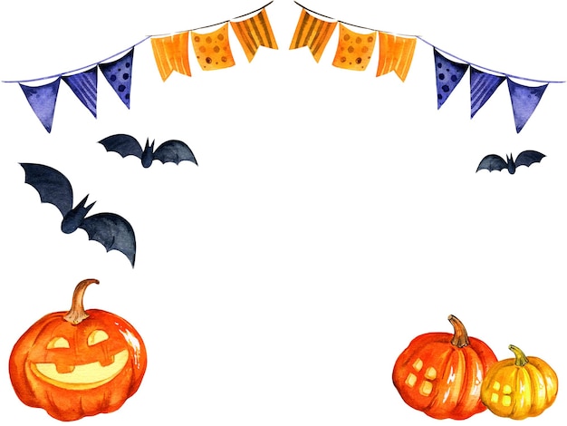 Zdjęcie akwarela ilustracja motywu halloween z dynią nietoperza i innymi obramowaniem tekstu
