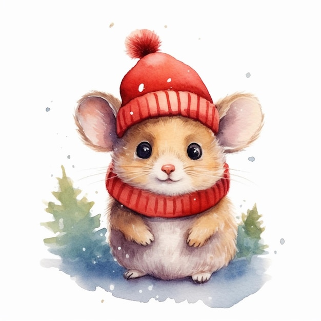 Akwarela ilustracja myszy w czerwonym kapeluszu