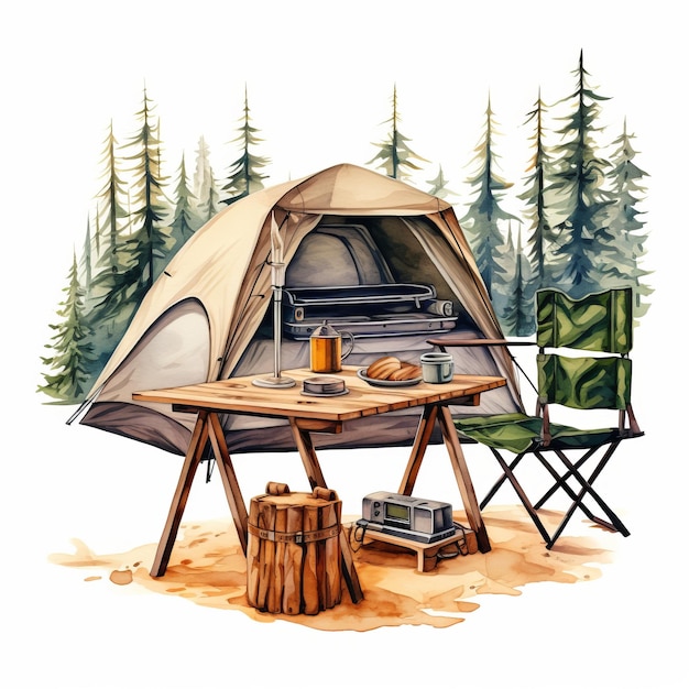 Akwarela ilustracja namiotu i sprzętu kempingowego