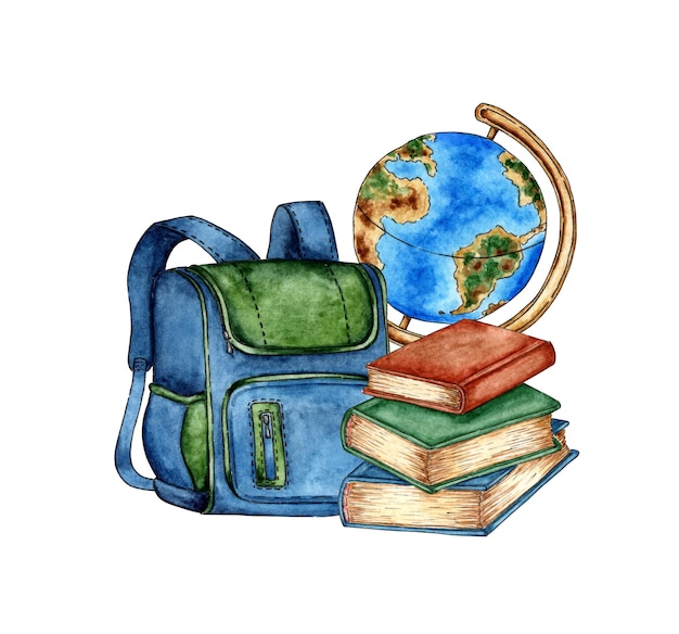 Akwarela ilustracja niebieski plecak kula ziemska i książki dla uczniów uczniów sprzęt edukacyjny przybory szkolne Powrót do szkoły Koncepcja edukacji odizolowana na białym tle rysowane