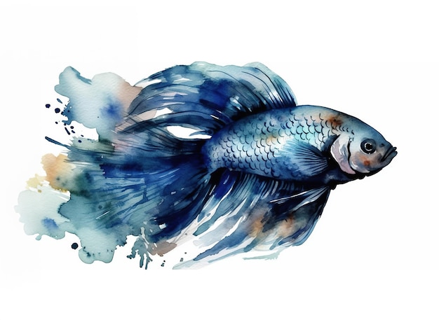 Akwarela ilustracja niebieskiej ryby z plamami farby akwarelowej na białym tle generatywnej AI