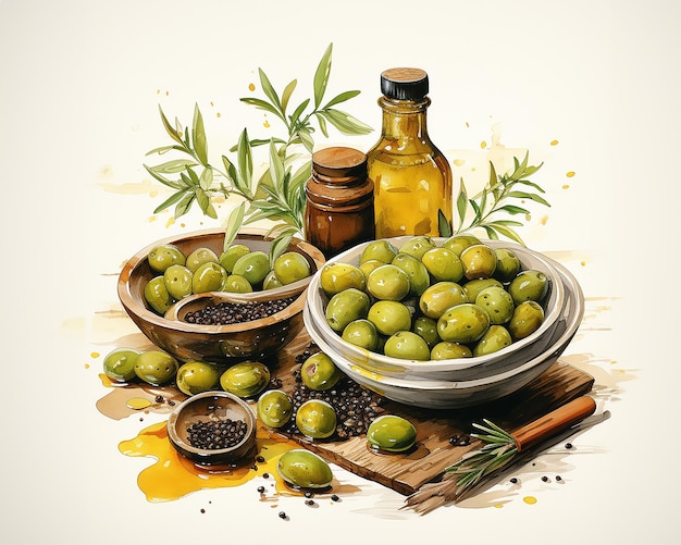 Akwarela ilustracja oliwy z oliwek w butelce rozpryski oleju baner zdrowego odżywiania wygenerowany przez sztuczną inteligencję