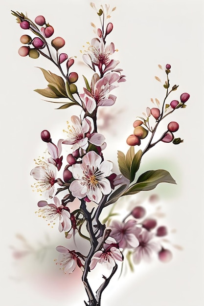 Akwarela ilustracja pąka kwiatu wiśni na białym tle Generacyjna sztuczna inteligencja