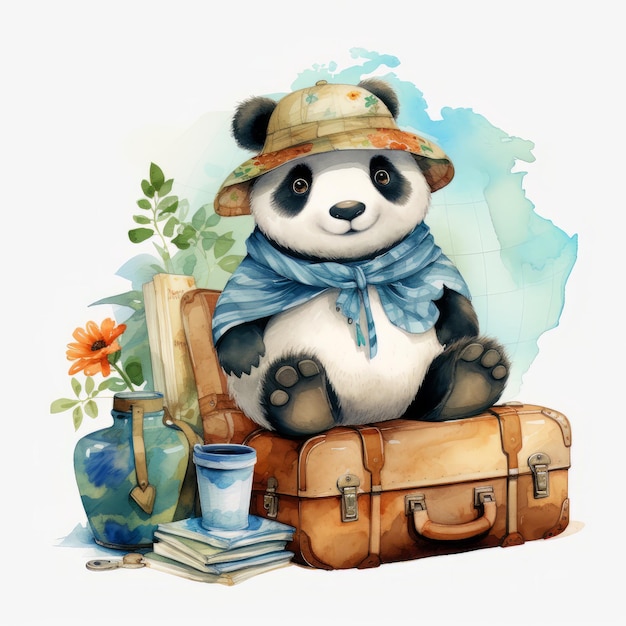 Akwarela ilustracja pandy w kapeluszu i szaliku siedzącej na walizce