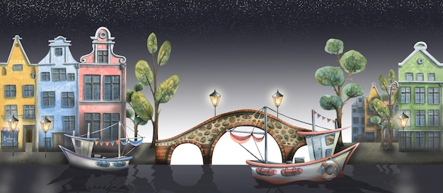 Akwarela ilustracja panoramy starego europejskiego miasta nocą Z mostami Latarnie Łodzie na rzece Do projektowania Dekoracja pocztówek Banery Pamiątki Plakaty Druki