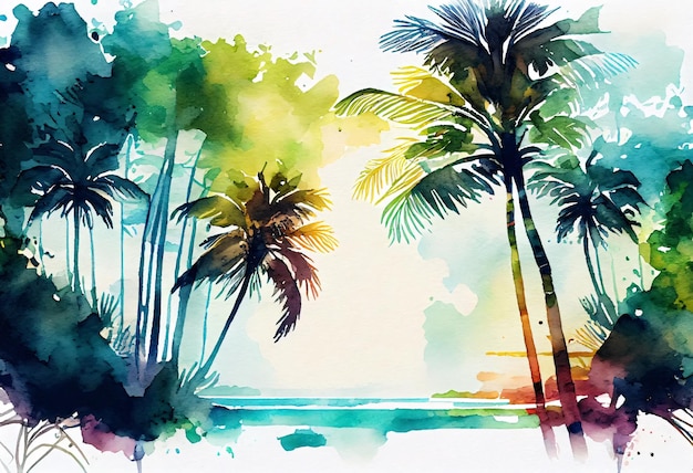 Akwarela ilustracja pejzaży morskich z palmami i tropikalną atmosferą Tło Generative AixA