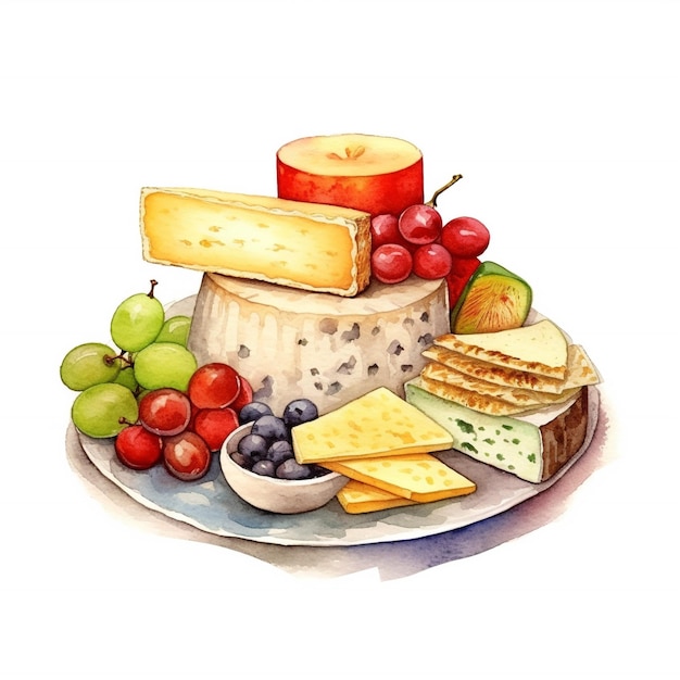 Akwarela ilustracja półmisek serów z owocami i serem
