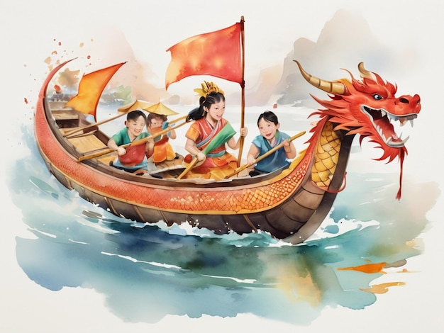 Akwarela ilustracja przedstawiająca festiwal chińskich smoczych łodzi