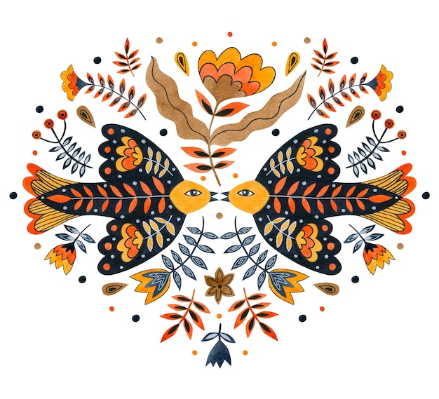 Akwarela ilustracja ptaka i kwiatów w sztuce ludowej