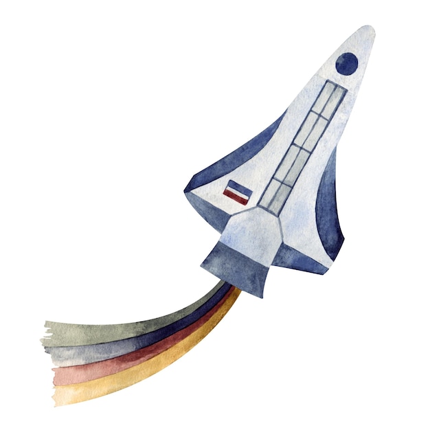 Zdjęcie akwarela ilustracja ręcznie malowana rakieta z czerwonymi niebieskimi kolorami motyw kosmiczny wszechświat izolowany