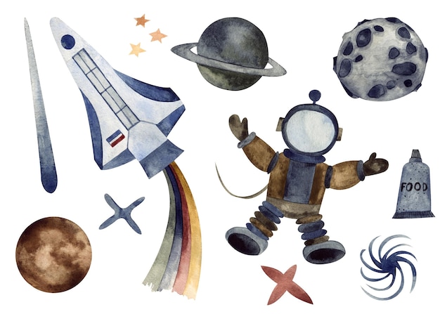 Akwarela ilustracja Ręcznie malowany kosmonauta z rakietą clipart Space theme the universe