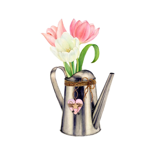 Akwarela ilustracja różowych i białych tulipanów w konewce na białym tle