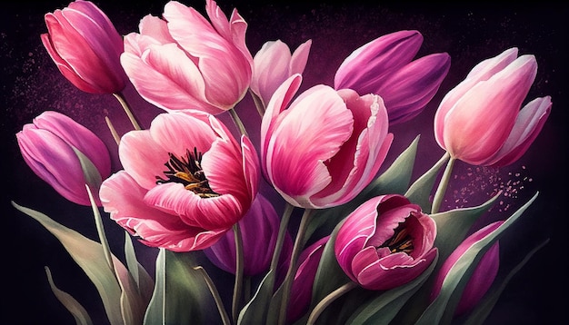 Akwarela ilustracja różowych tulipanów