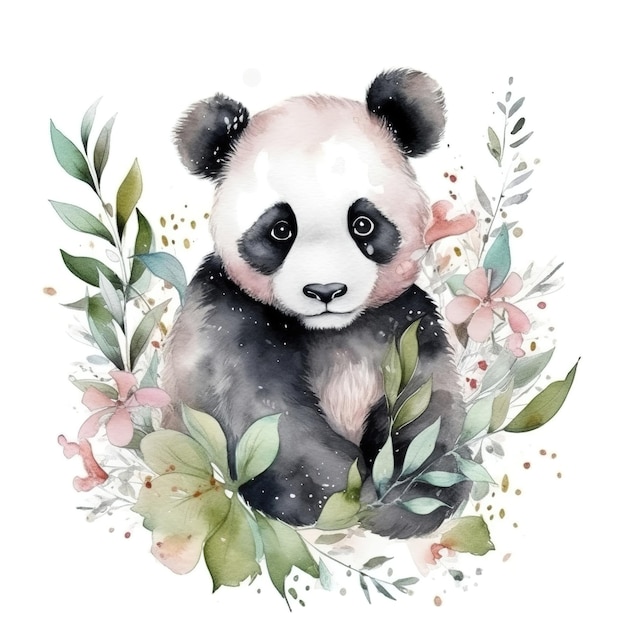 Akwarela ilustracja słodkiej pandy z kwiatami i liśćmi