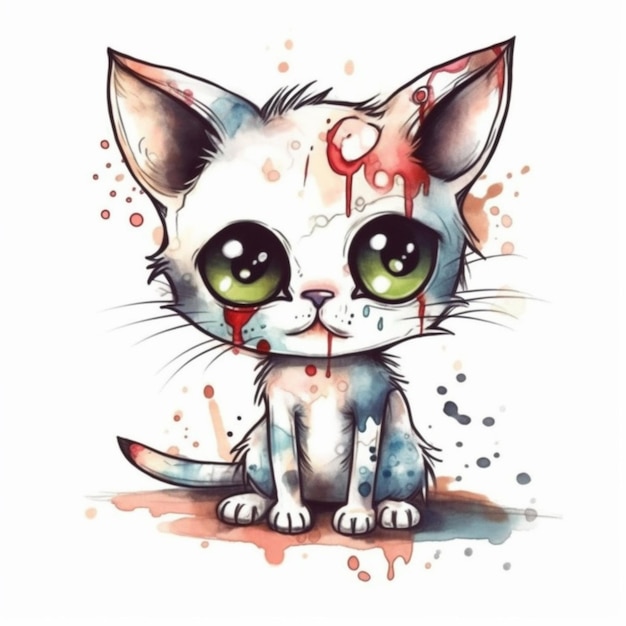 Akwarela ilustracja smutnego kota z czerwonym sercem na twarzy.