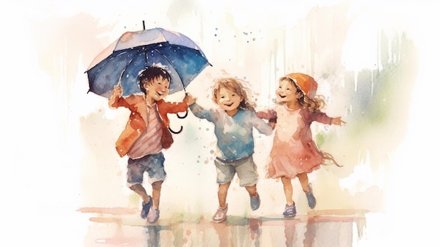 Akwarela ilustracja szczęśliwych dzieci chodzących w deszczu