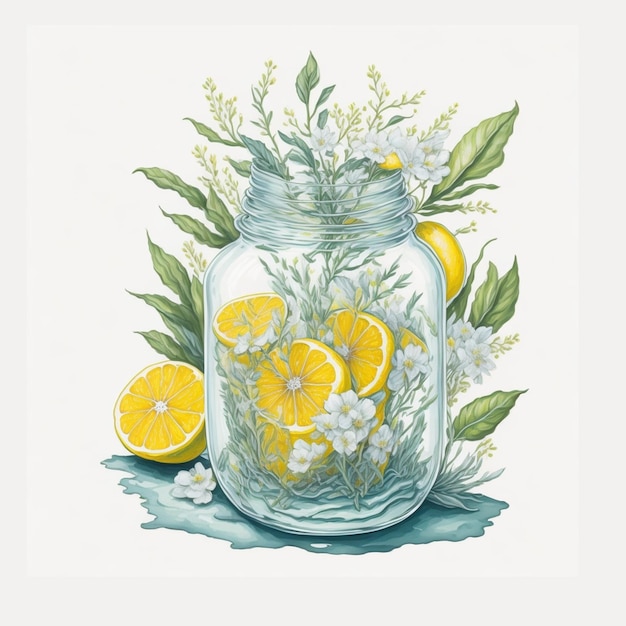 Akwarela ilustracja szklanego słoika z kwiatami cytryny Wygenerowano AI