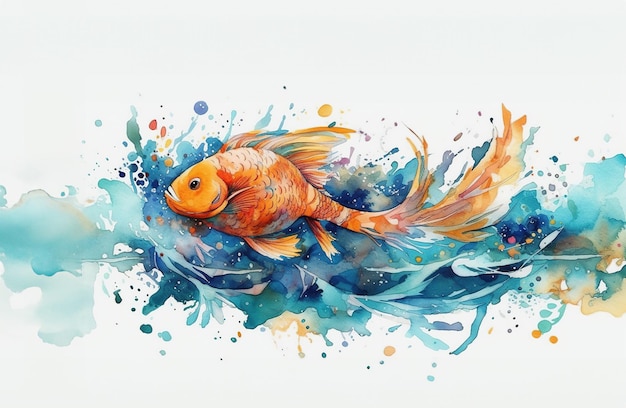 Akwarela ilustracja tętniącej życiem złotej rybki pływającej w wodzie z plamami farby akwarelowej na białym tle generatywnej sztucznej inteligencji