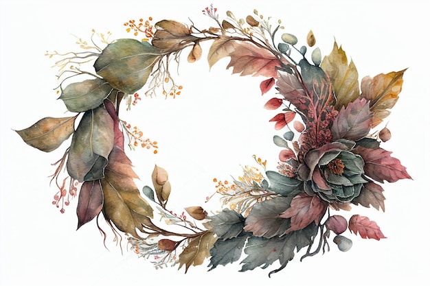 Akwarela ilustracja wieniec z liści i kwiatów.