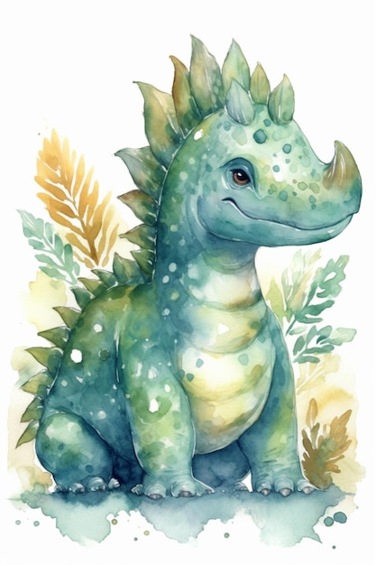 Akwarela ilustracja zielonego dinozaura z zielonym triceratopsem.