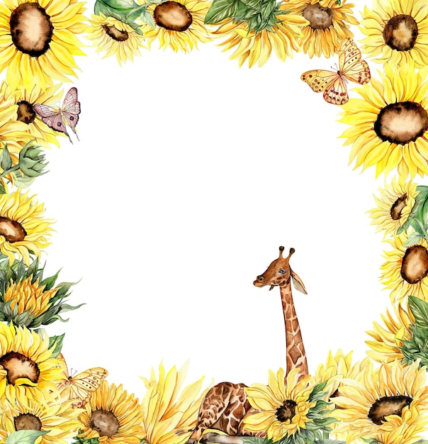 Akwarela ilustracja żyrafy i motyli w ramce