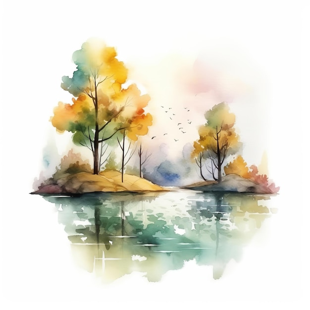 Akwarela jesienny krajobraz z jeziorem i drzewami.