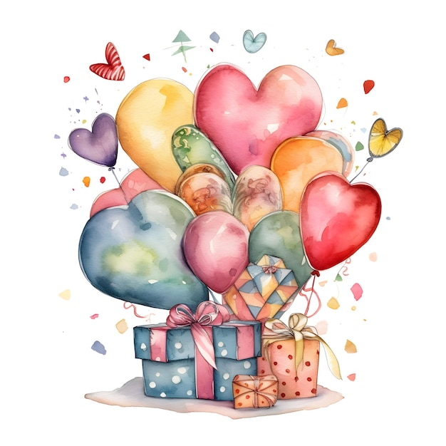 Akwarela kartka urodzinowa z balonami i pudełkiem prezentowym.
