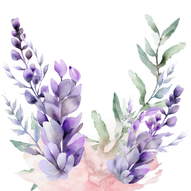 Akwarela kompozycja kwiatowa z fioletowymi kwiatami i zielonymi liśćmi. malowane ręcznie. może być używany do kartek z życzeniami, zaproszeń, zapisywania kart daty, zaproszeń ślubnych, zaproszeń ślubnych.