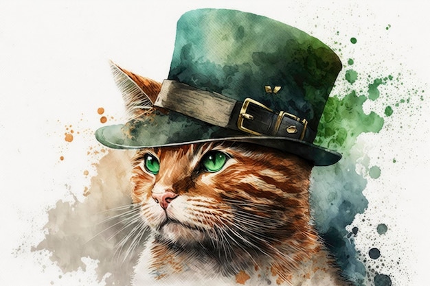 Akwarela kot z kapeluszem z okazji Dnia Świętego Patryka
