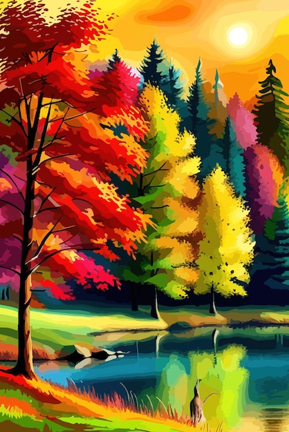 Akwarela krajobraz Jesienny las na brzegu jeziora ilustracja wektorowa jesienne drzewa na brzegu spokojnego leśnego jeziora lub stawu w słoneczny jesienny dzień