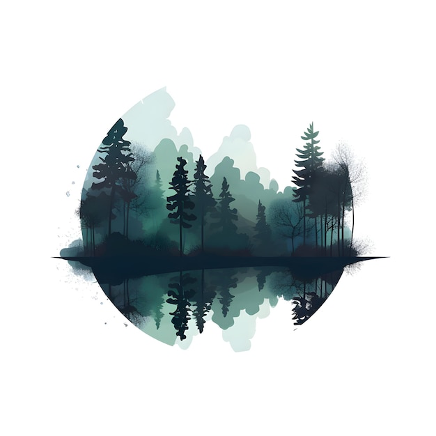 Akwarela krajobraz z lasem i jeziorem Ręcznie rysowane ilustracji wektorowych