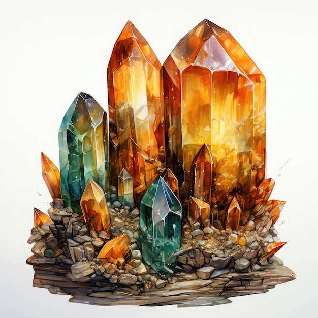 Akwarela Krystal cytrynowy i kamienie szlachetne Ilustracja Clipart Generative Ai