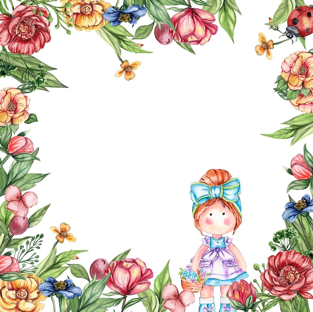 Akwarela kwadratowa ramka kwiatowa w stylu kreskówki z ładną dziewczyną lalką w sukience