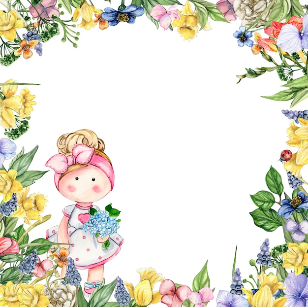 Akwarela kwadratowa ramka kwiatowa w stylu kreskówki z ładną dziewczyną lalką w sukience