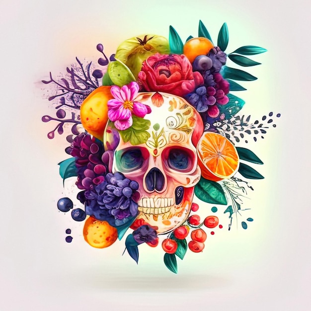 Akwarela Kwiatowa czaszka na Halloween i dzień zmarłych