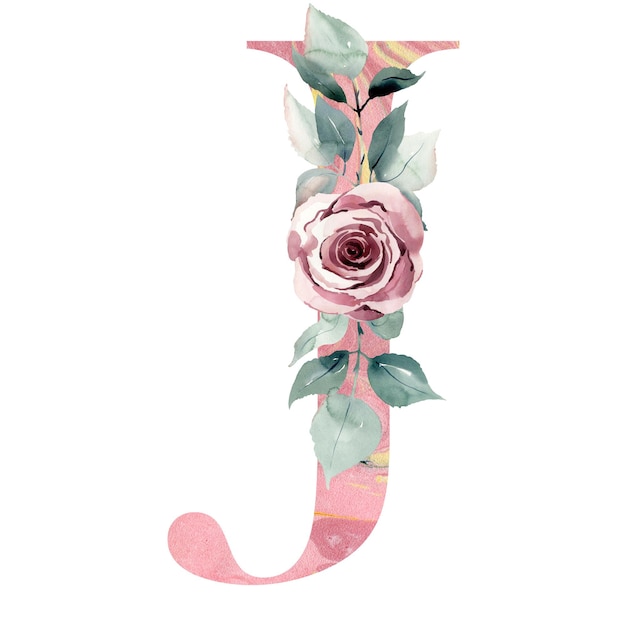 Akwarela kwiatowy litera J z różą