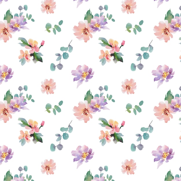 Akwarela kwiaty Bezszwowy wzór Kolaż Kolorowa ilustracja Zawilce piwonie róże hollyhocks