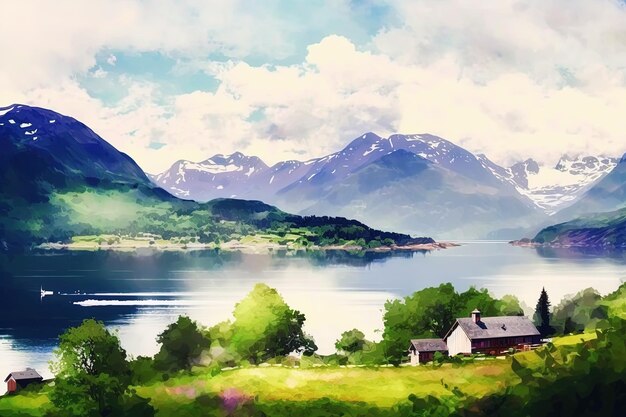 Akwarela lato Norwegia krajobraz ilustracja Góry jezioro i dom Ai generowane