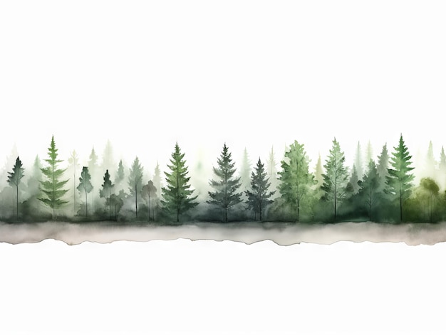 Akwarela Linia drzewa na białym tle z ciemnozielonymi i jasno szarymi tonami w stylu Xmaspunk Generative AI