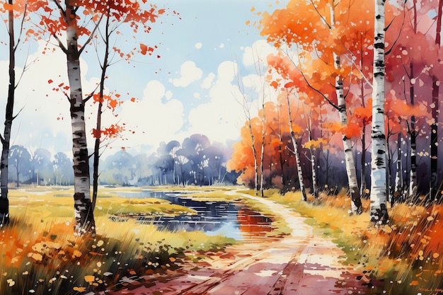 Akwarela malarstwa brzozowego lasu jesienią z rzeką i odbiciami
