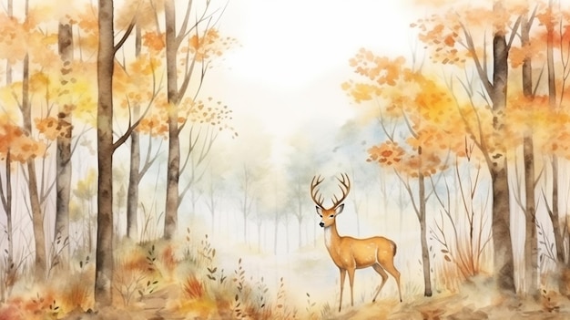 Akwarela malarstwo białe tło leśne jelenie