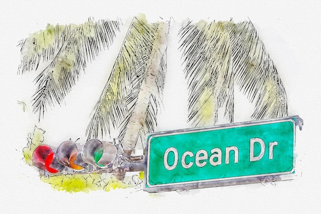 Akwarela malarstwo ilustracja znak ulicy Ocean drive w dzielnicy Art Deco w South Miami USA