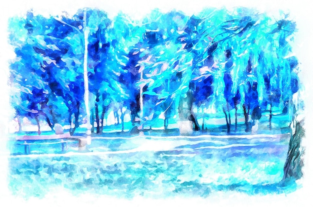 Akwarela malarstwo krajobraz z drzewami w parku Nowoczesna imitacja sztuki cyfrowej ręcznie malowanej barwnikiem aquarells