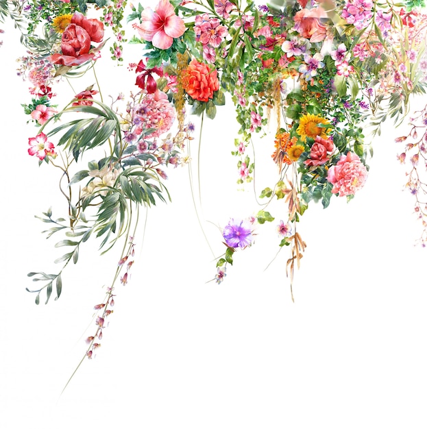 Akwarela malarstwo liści i kwiatów, na białym tle