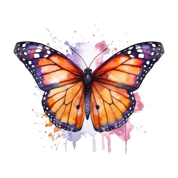 Akwarela malarstwo motyla monarchy z białym tłem