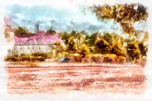 Akwarela malarstwo podmiejski krajobraz w jasny słoneczny dzień Nowoczesna imitacja sztuki cyfrowej ręcznie malowanej barwnikiem aquarells