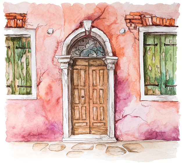 Akwarela malarstwo starej fasady z drzwiami i oknami Starożytna architektura w Wenecji we Włoszech