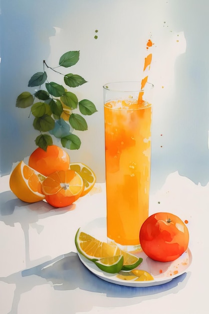 Akwarela martwa natura ze świeżych pomarańczy i soku na białym stole Generavive AI