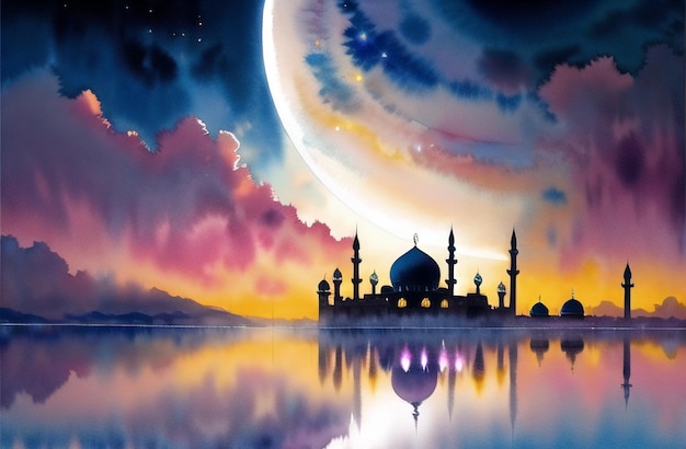 Akwarela Meczet dla Ramadan Kareem Eid Pozdrowienia dla muzułmańskiego festiwalu postu Kultury islamskiej Święty miesiąc Generative AI